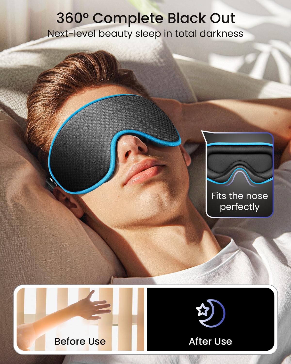 WAOAW sleep mask with adjustable strap secured without snagging hair