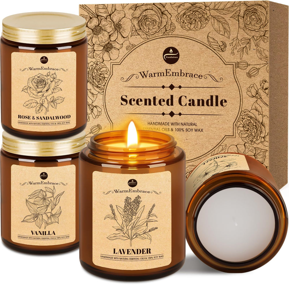 WarmEmbrace lavender candle in a glass jar for calming, long-lasting fragrance.