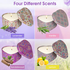 WarmEmbrace sandalwood scented candle in heart tin for grounding mood.