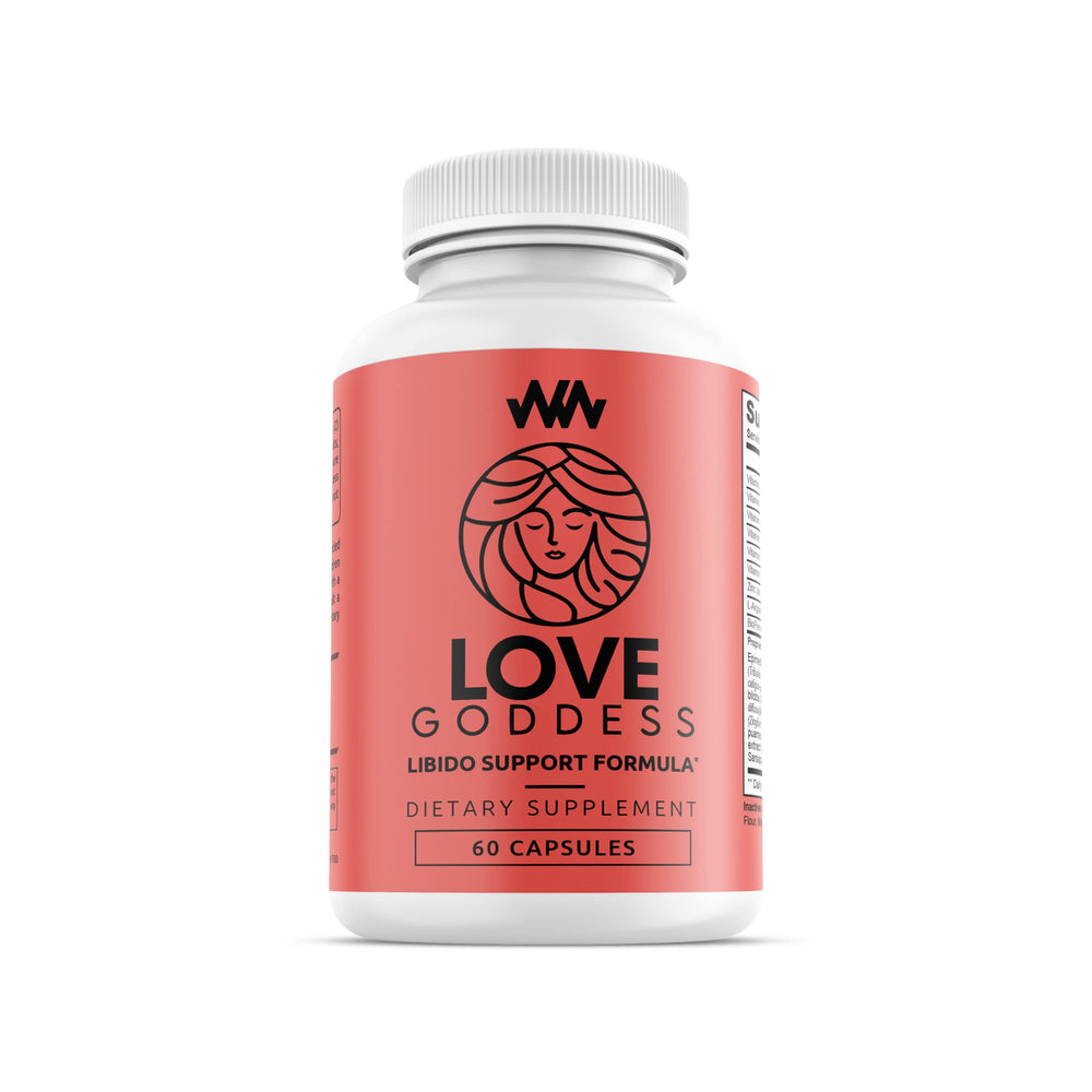 Warped Wellness Love Goddess bottle front shows Miura Puama blend for female arousal support