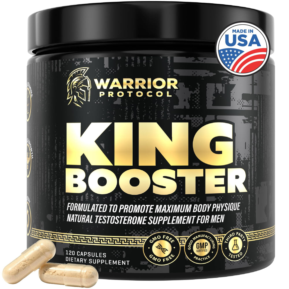 WARRIOR PROTOCOL King Booster bottle showing muscle support and vitality benefits