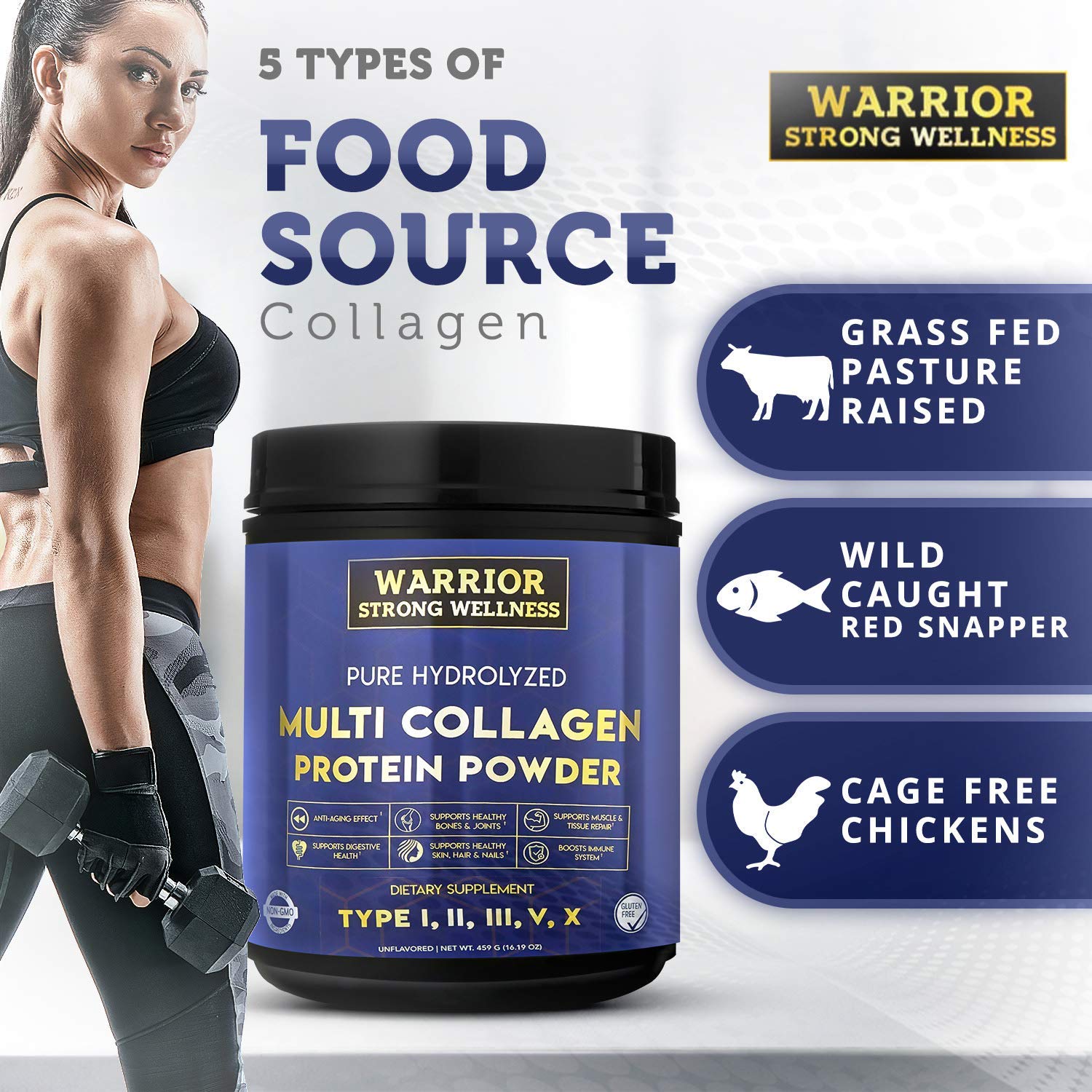 Warrior Strong Wellness ingredients include grass-fed chicken, beef, fish, and eggshell peptides for quality.