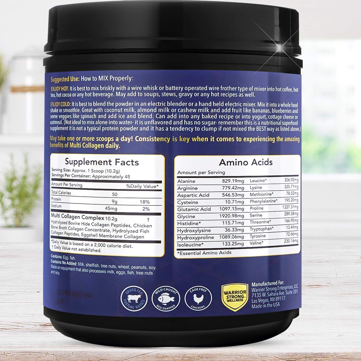 Warrior Strong Wellness multi collagen powder jar label close-up for overall wellness.