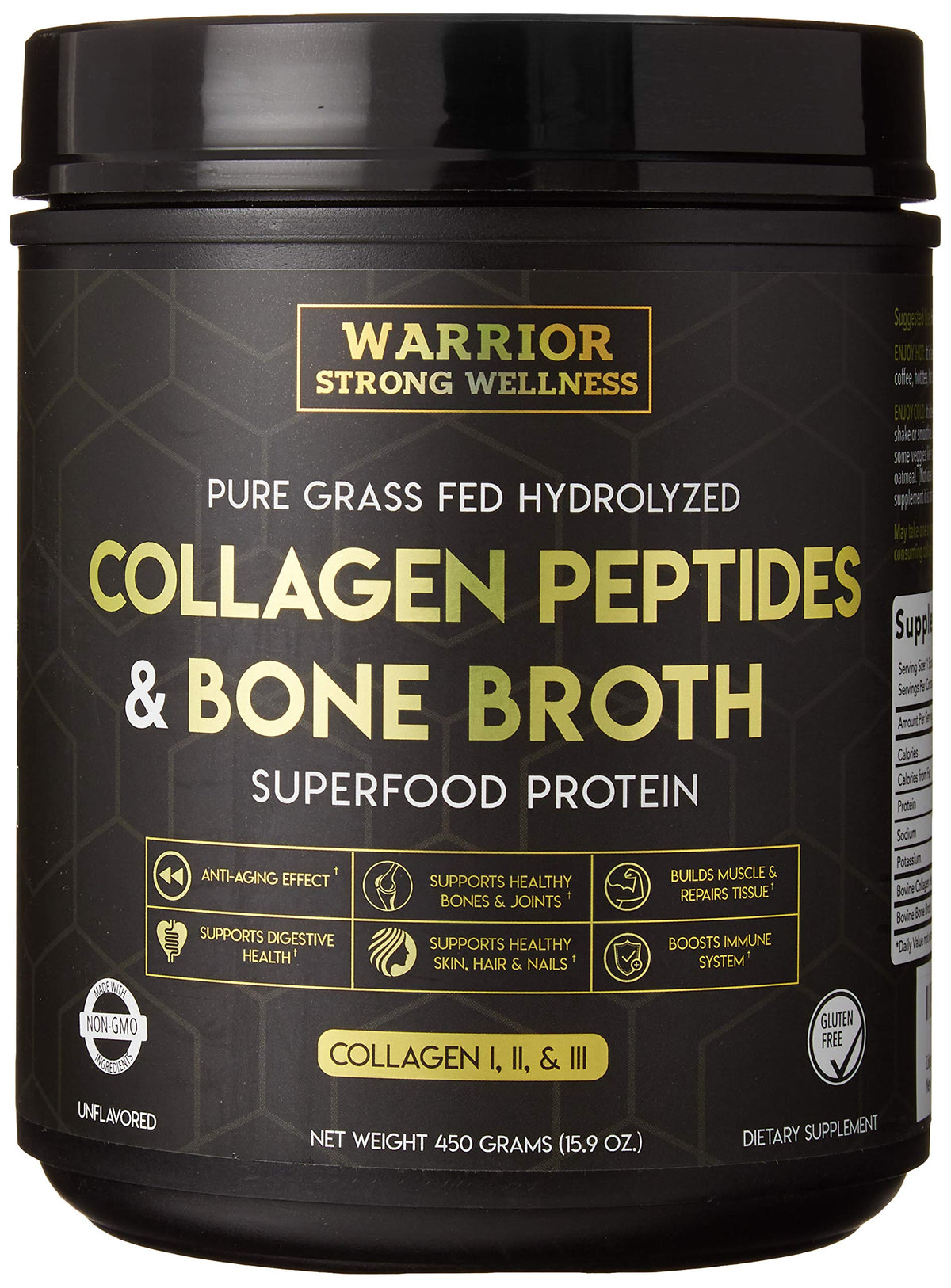 Warrior Strong Wellness collagen bottle beside smoothie for healthier-looking skin.