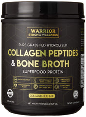 Warrior Strong Wellness collagen bottle beside smoothie for healthier-looking skin.