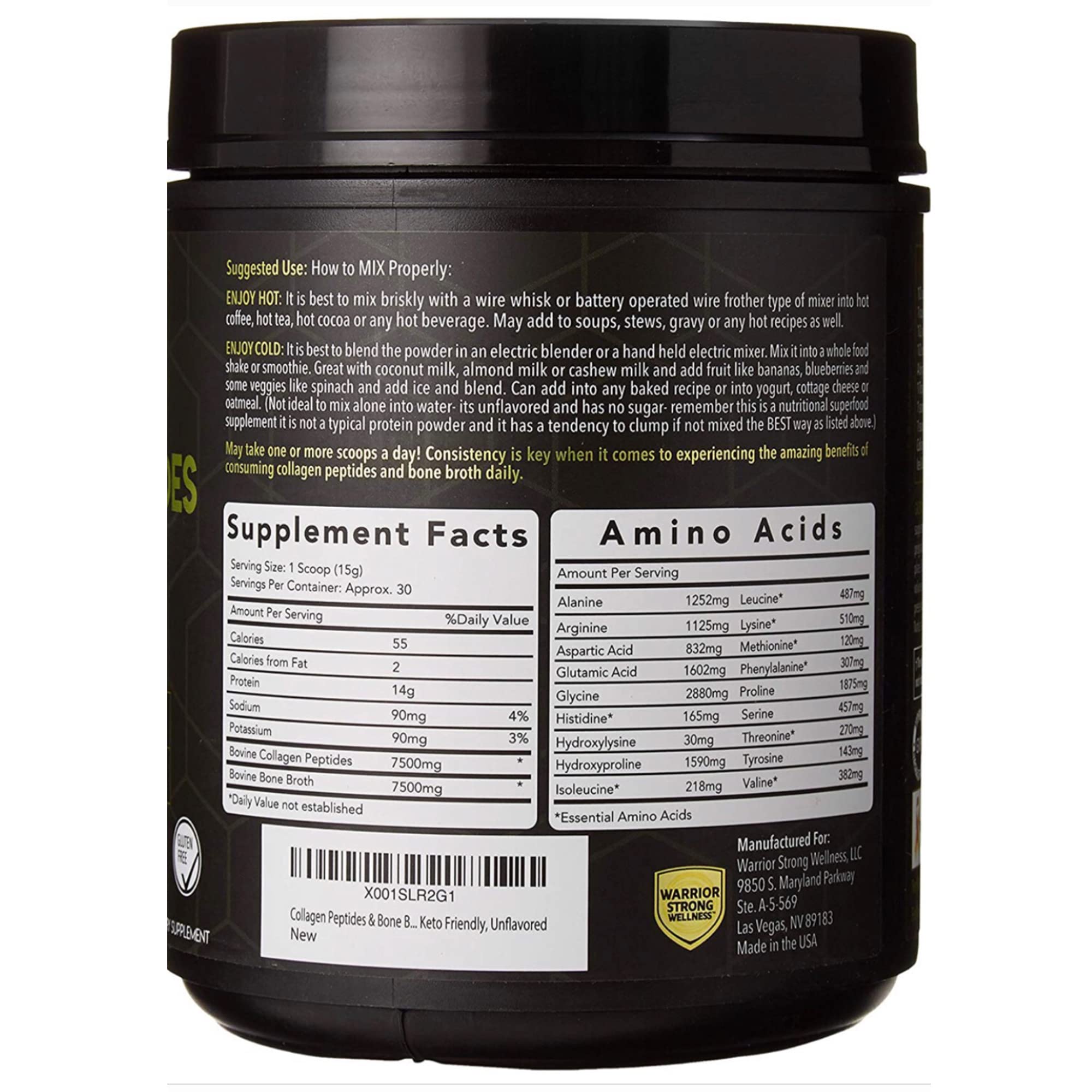 Warrior Strong Wellness bone broth powder jar on kitchen counter for daily nourishment.