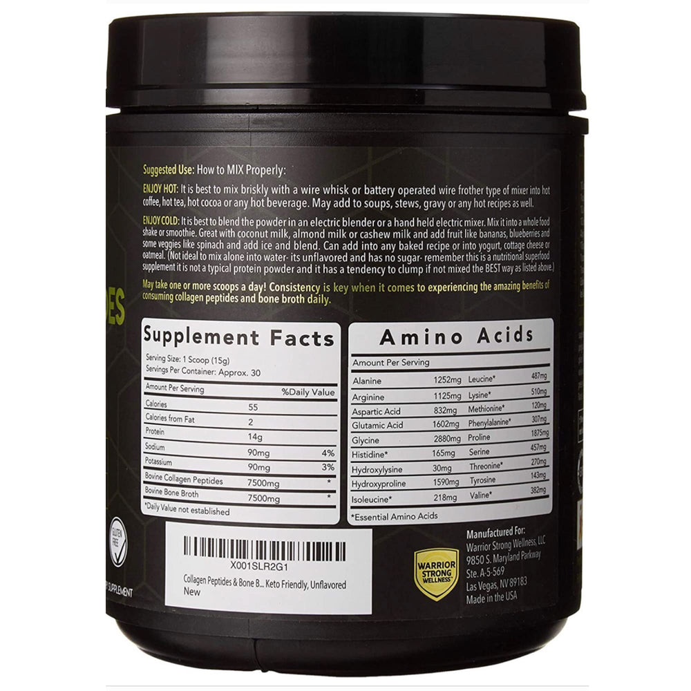 Warrior Strong Wellness bone broth powder jar on kitchen counter for daily nourishment.