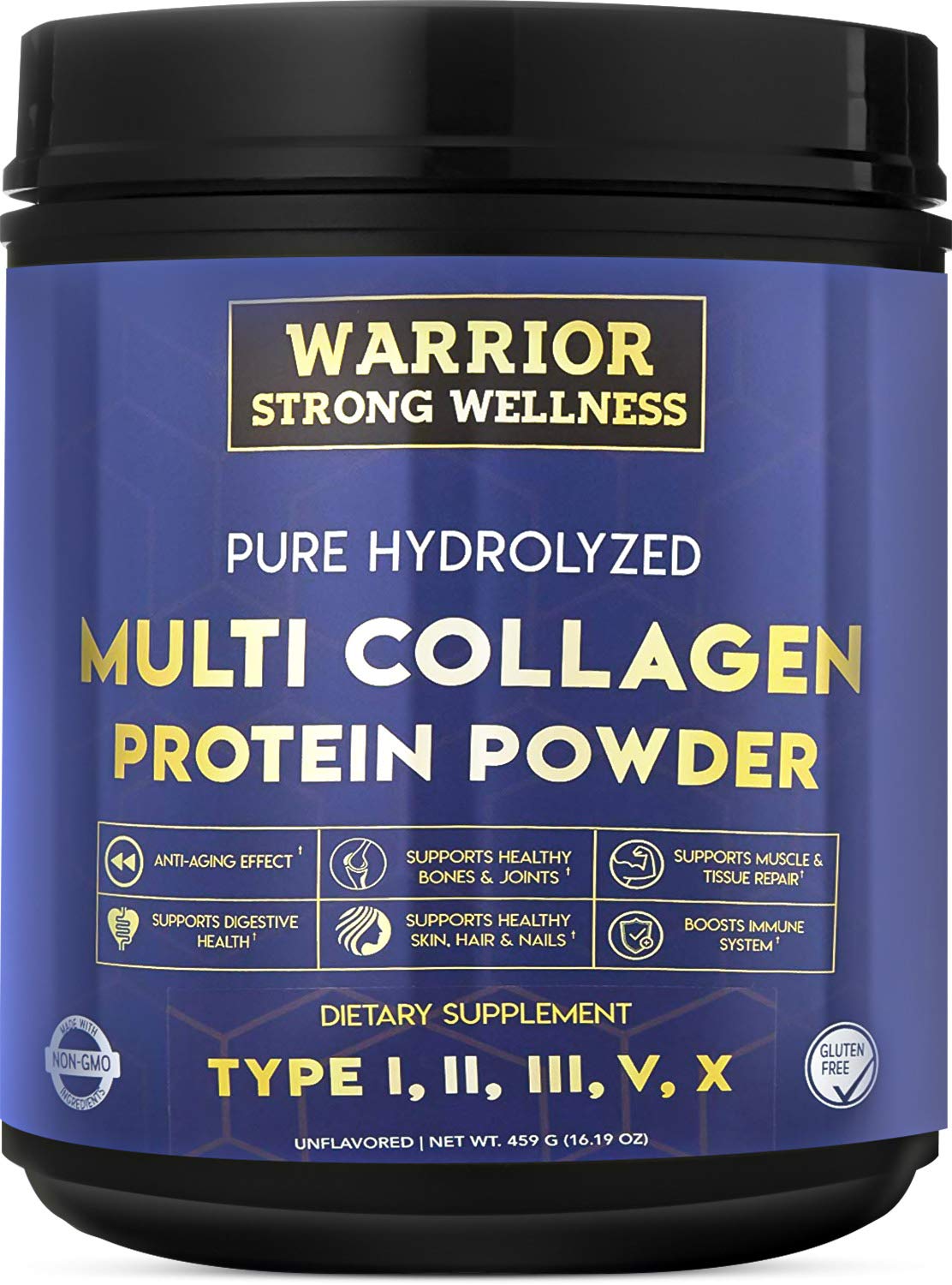 Warrior Strong Wellness pure hydrolyzed collagen bottle pour for daily skin and joint support.