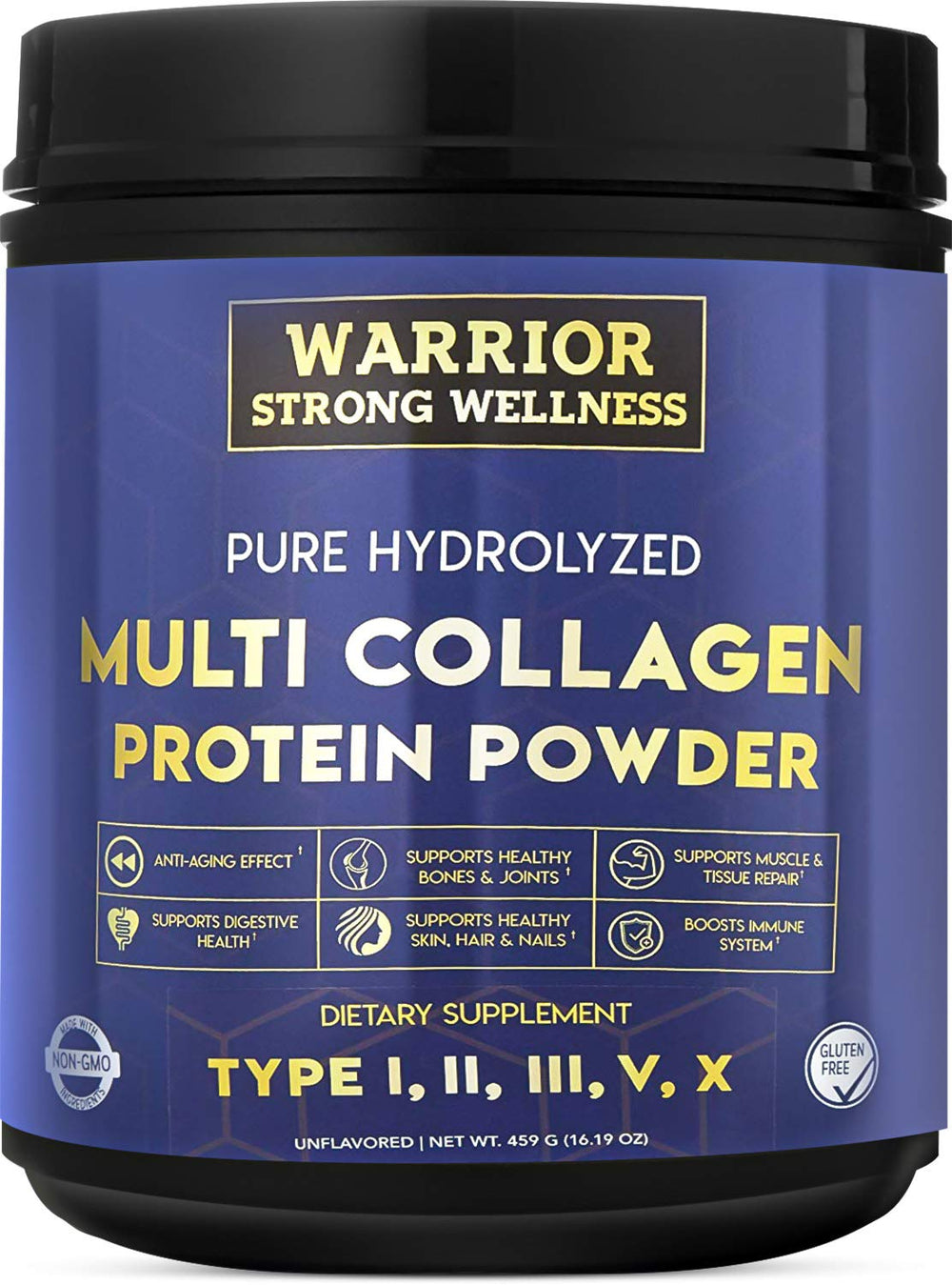 Warrior Strong Wellness pure hydrolyzed collagen bottle pour for daily skin and joint support.