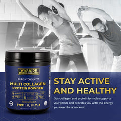 Warrior Strong Wellness unflavored collagen powder dissolving in coffee for easy daily use.