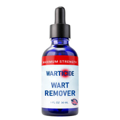 Warticide liquid wart remover bottle close-up for targeted wart treatment on skin.