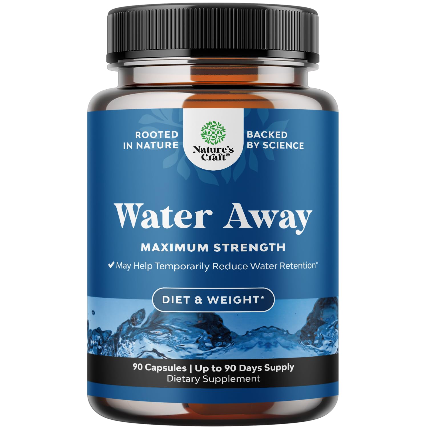 Water Away bottle front view showing the natural diuretic supplement
