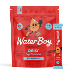 Waterboy Daily Hydration blue raspberry stick shows a sugar-free electrolyte boost for daily workouts.