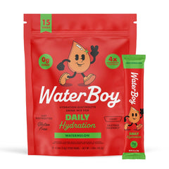 Waterboy Daily Hydration Watermelon packet, 1,570mg electrolytes for daily hydration.