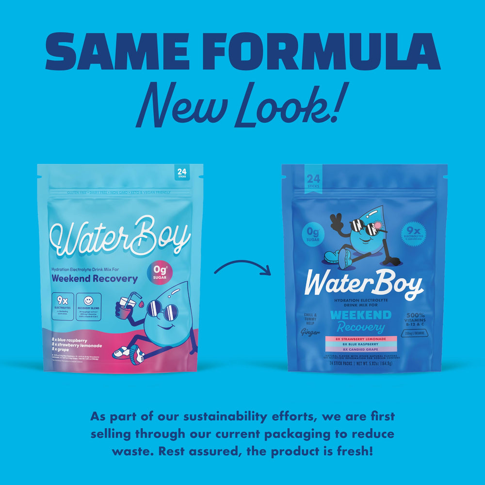 Waterboy Weekend Recovery packaging emphasizing no sugar formula