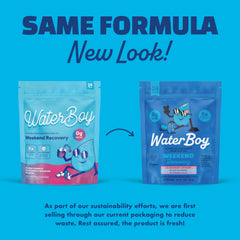 Waterboy Weekend Recovery packaging emphasizing no sugar formula