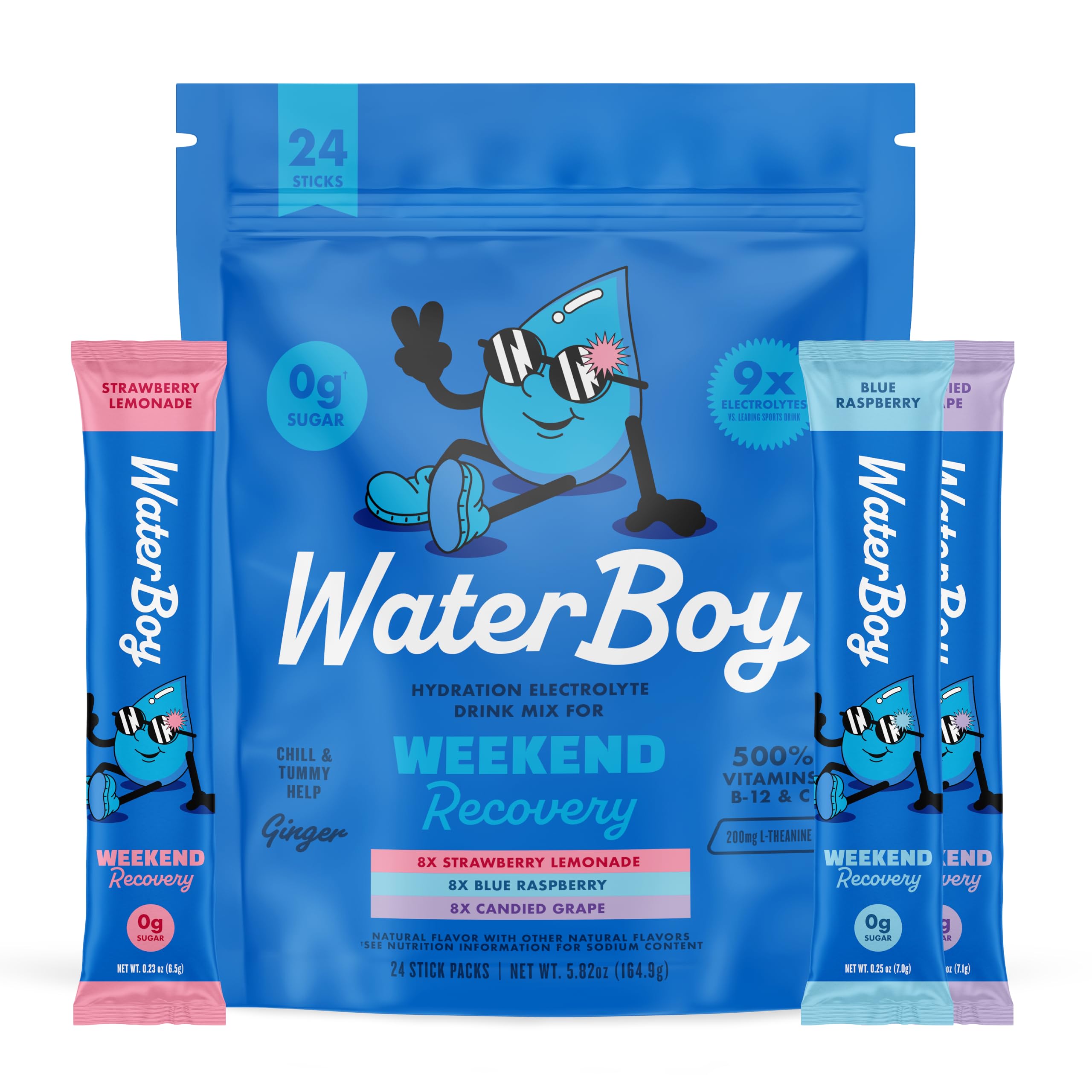 Waterboy Weekend Recovery packaging showing 24-stick packs for on-the-go hydration