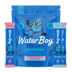 Waterboy Weekend Recovery packaging showing 24-stick packs for on-the-go hydration
