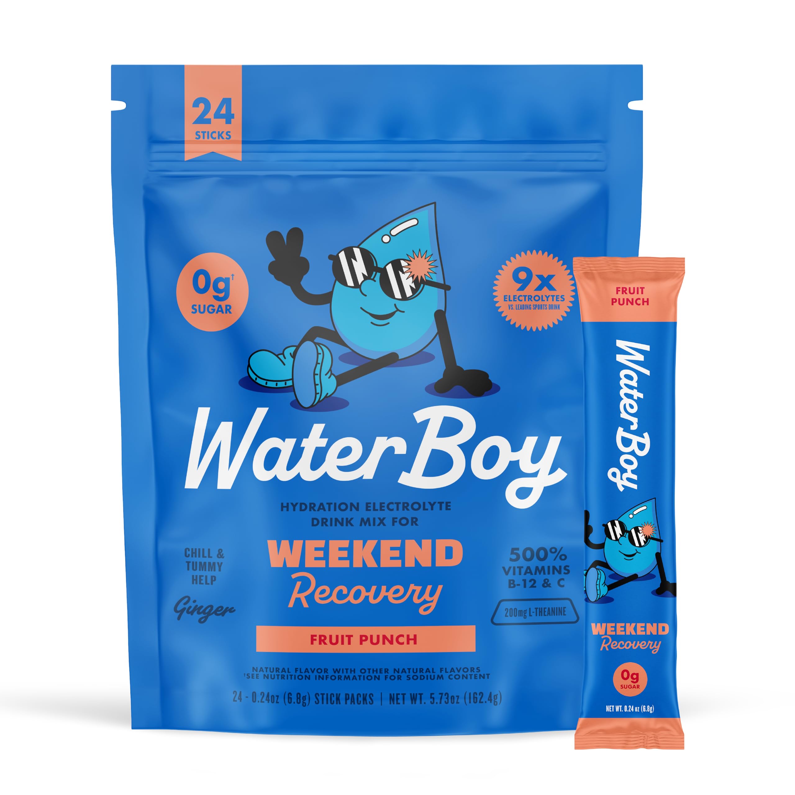 Waterboy Weekend Recovery packet front for on-the-go hydration.