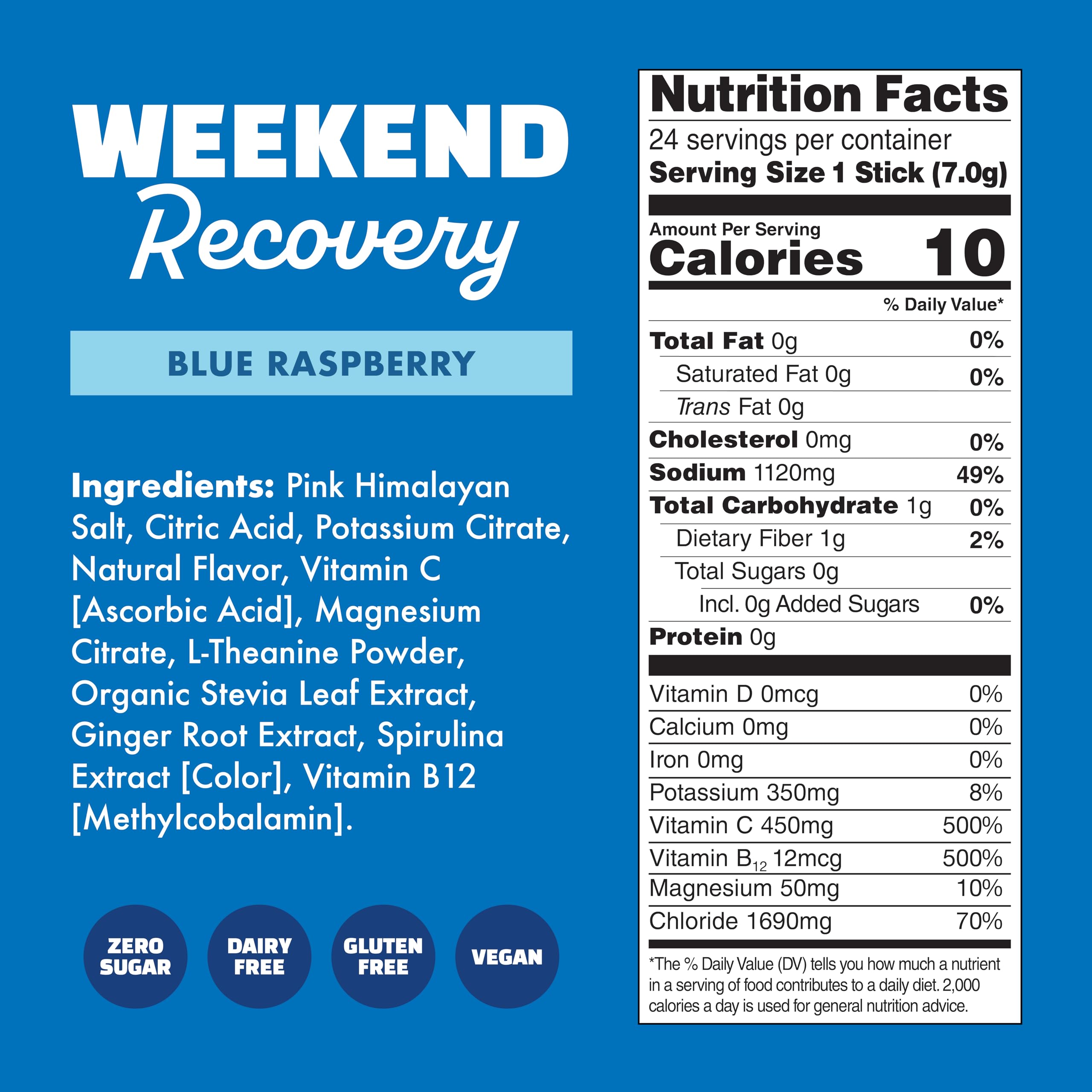 Zero sugar claim highlighted on a Waterboy Weekend Recovery packet