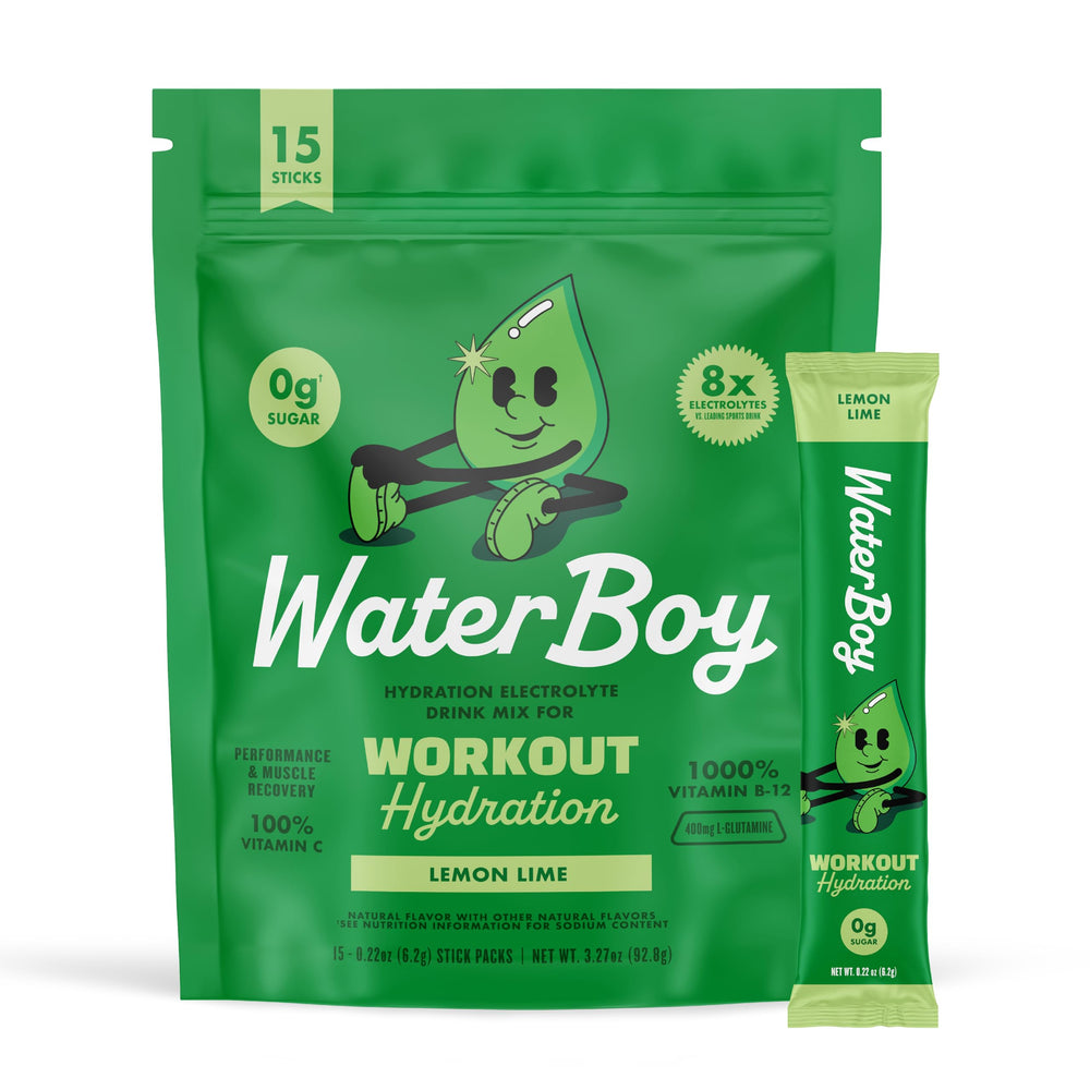Waterboy Workout Hydration bottle being filled with Lemon Lime powder for quick refreshment