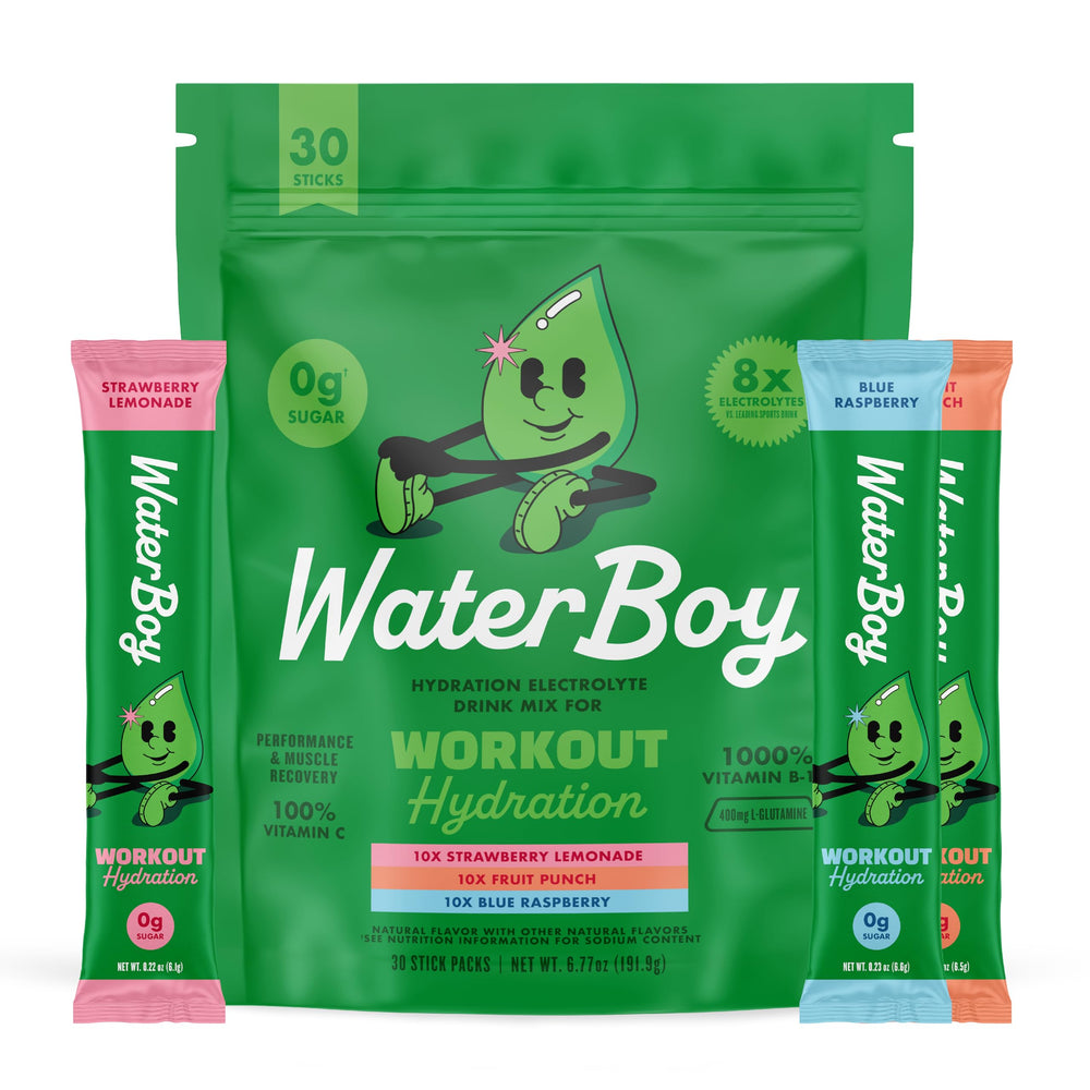 Waterboy Workout Hydration packet front label with high electrolyte content for active days.
