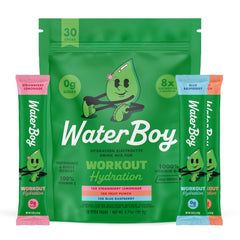 Waterboy Workout Hydration packet front label with high electrolyte content for active days.