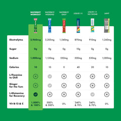 Waterboy Workout Hydration label close-up showing sugar-free, gluten-free formula