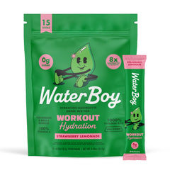 Waterboy Workout Hydration Strawberry Lemonade packet for a refreshing workout flavor.