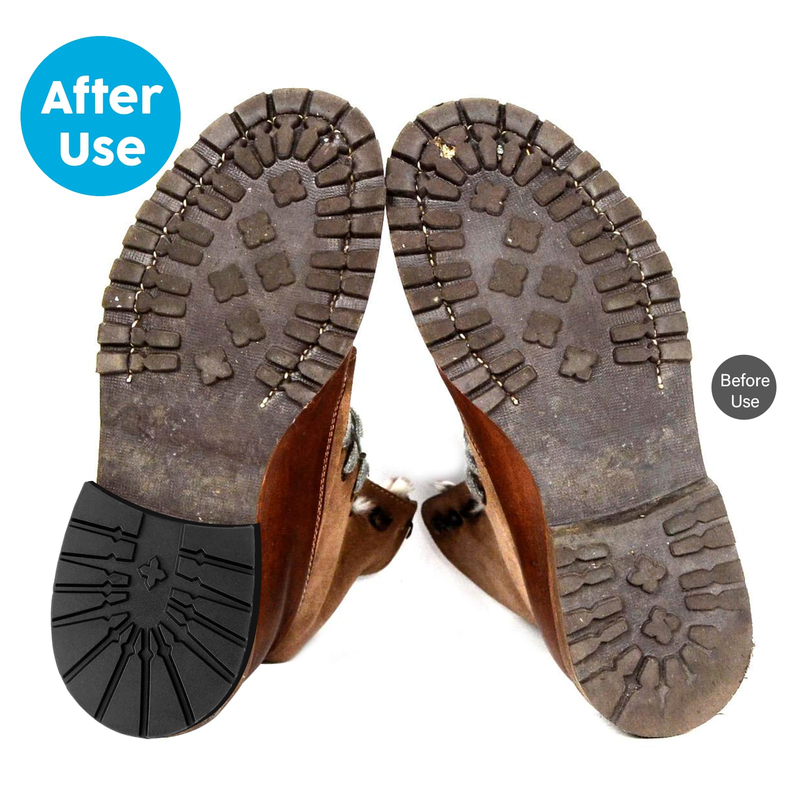Watris Veiyi heel pad installed on boot demonstrates easy replacement and added protection.