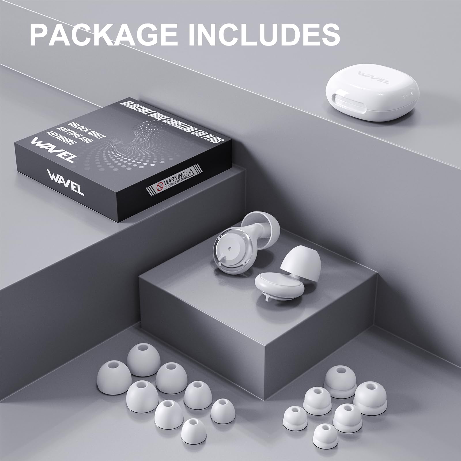 Travel-ready WAVEL ear plugs with compact case for on-the-go noise control.