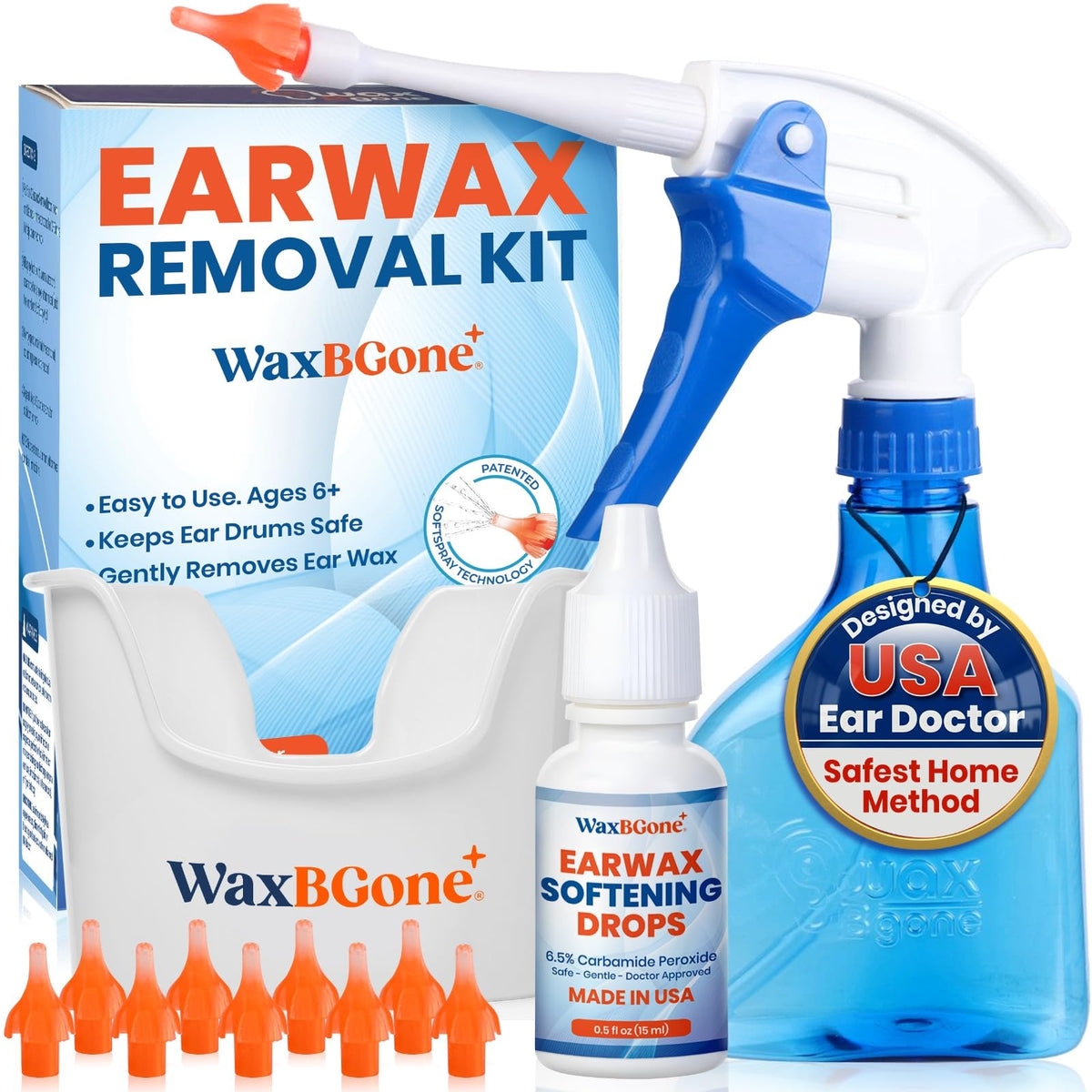 WaxBGone ear wax removal kit box shows complete home cleaning system for safe, gentle ear care at home