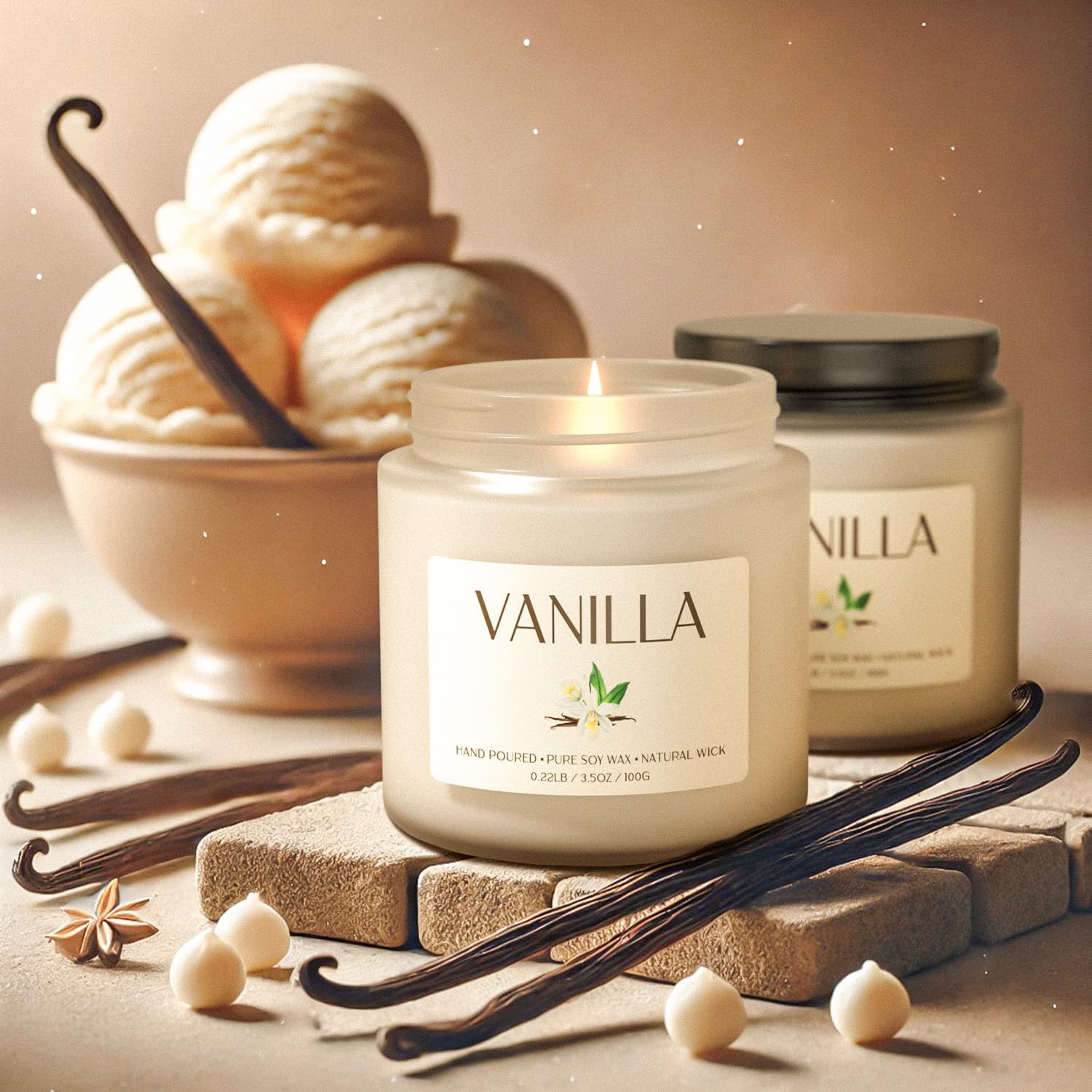 Waxcanpy vanilla candle close-up showing clean burn and comforting vanilla scent.