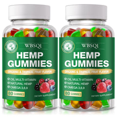 WBSQL hemp gummies bottle front highlighting premium packaging and natural formulation.