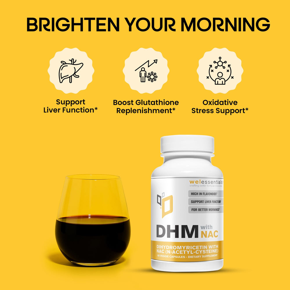 WELESSENTIALS DHM NAC bottle on shelf highlighting gluten-free vegetarian formula
