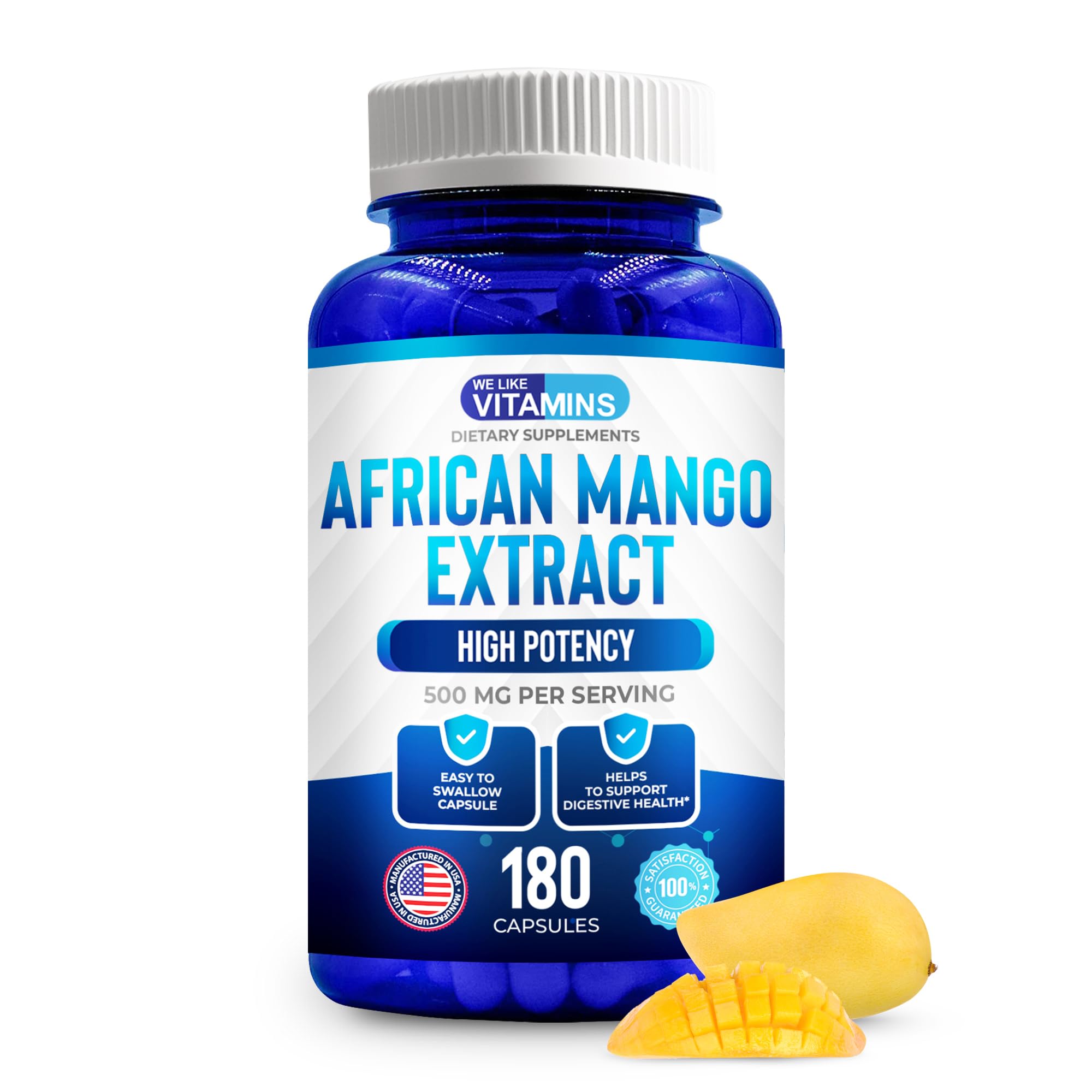 We Like Vitamins African Mango extract bottle for daily metabolism support.
