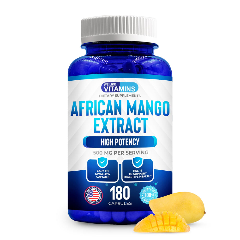 We Like Vitamins African Mango extract bottle for daily metabolism support.