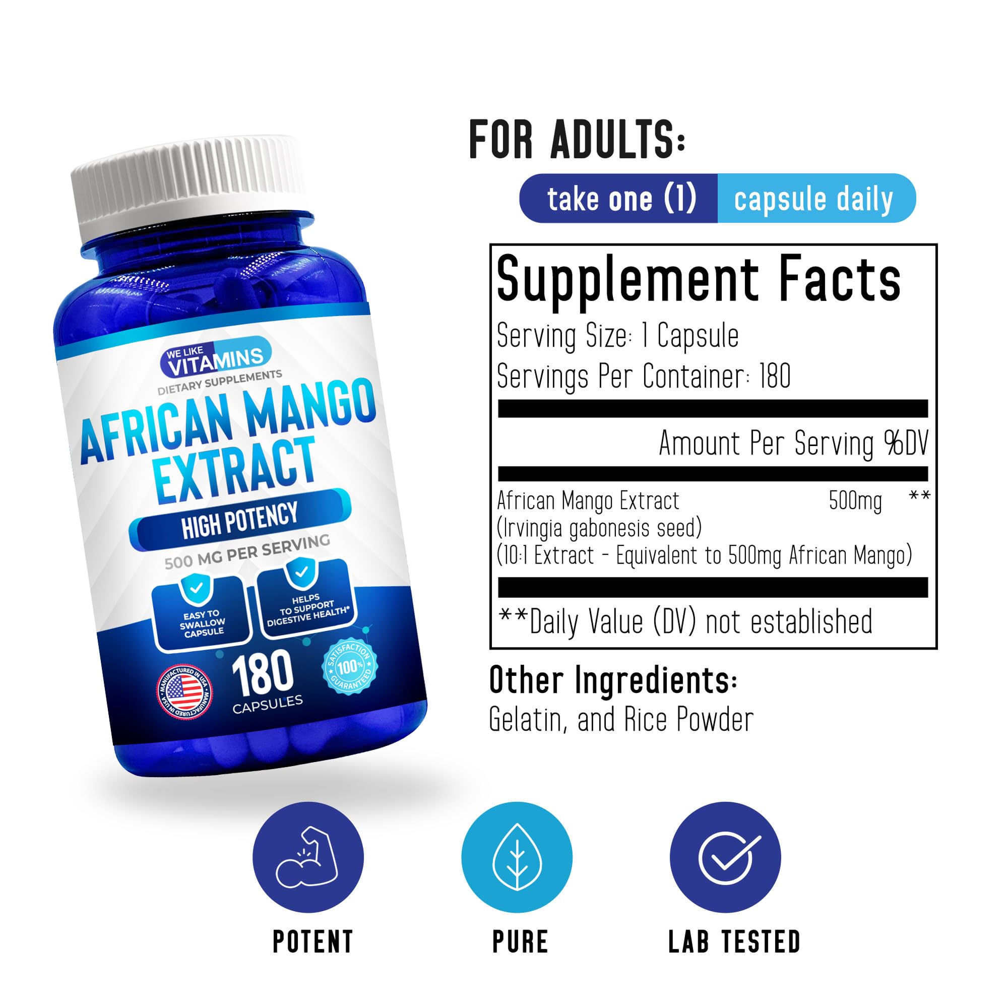 Close-up of We Like Vitamins African Mango extract capsules highlighting potency.