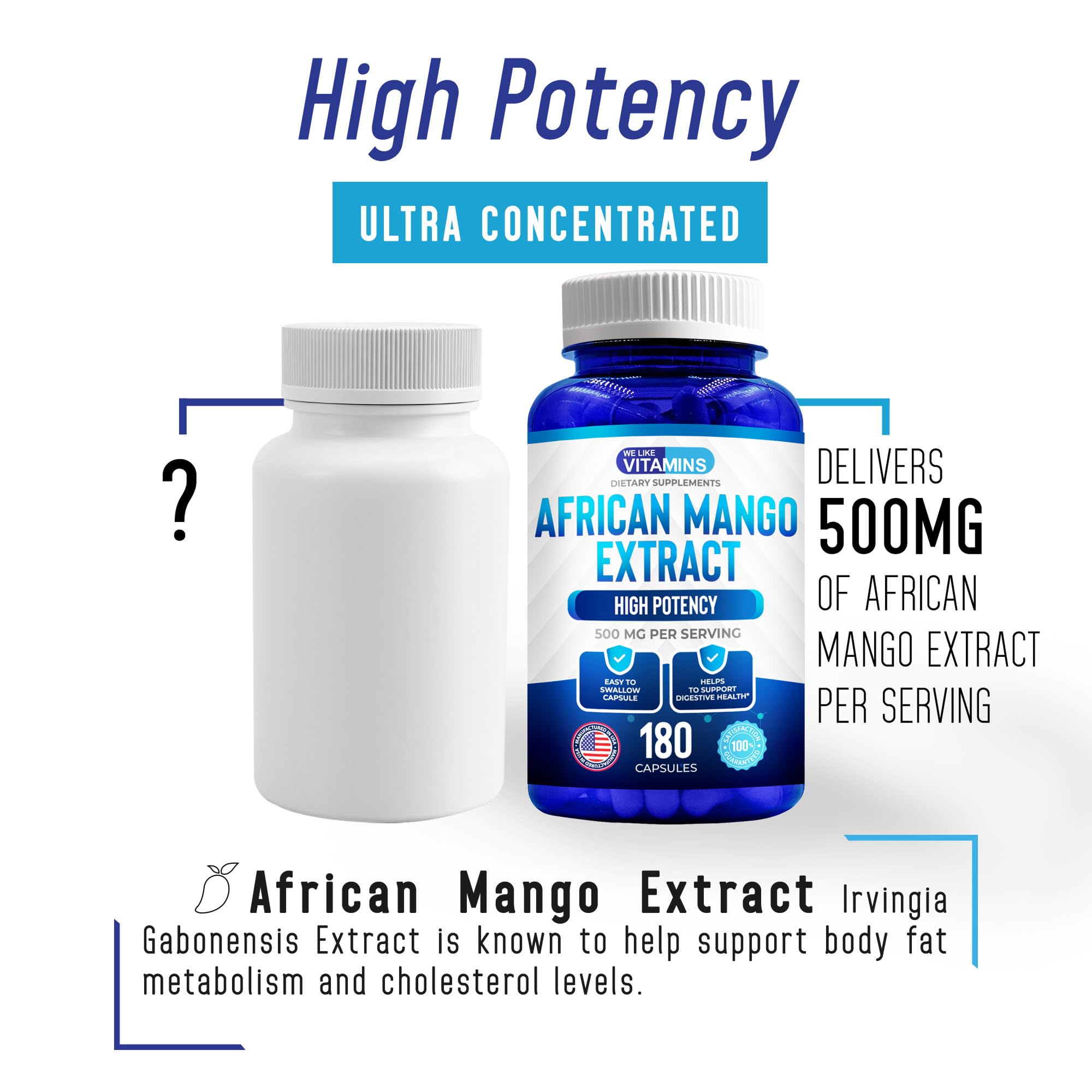 We Like Vitamins African Mango bottle on kitchen counter for digestion support.