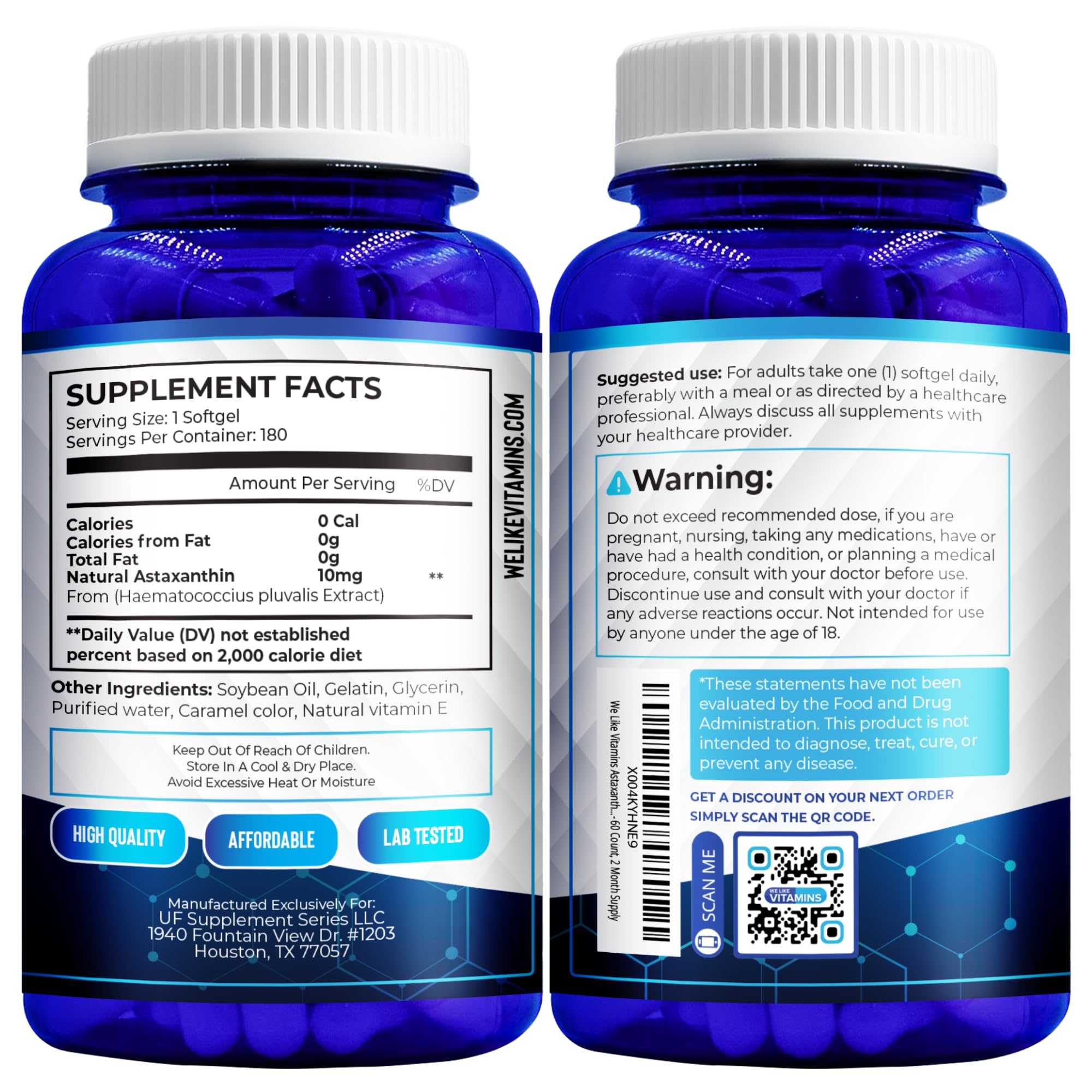 We Like Vitamins Astaxanthin six-month supply on countertop.