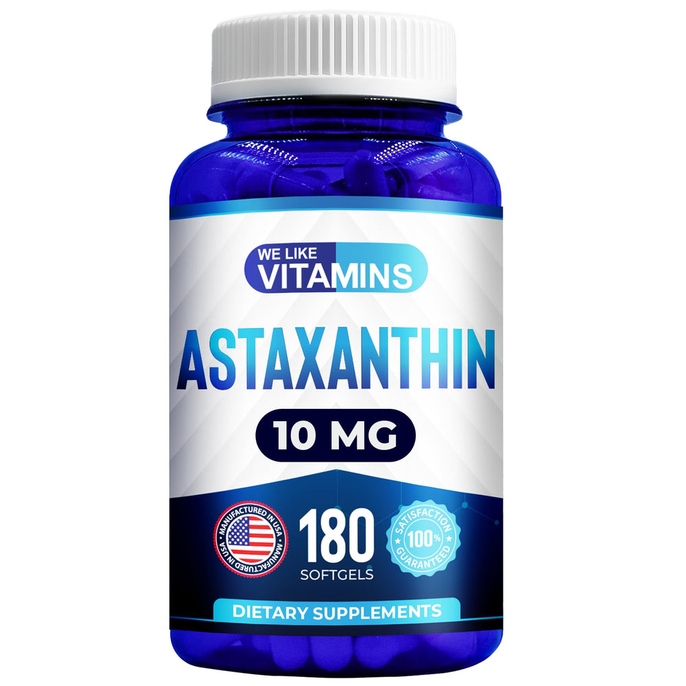 We Like Vitamins Astaxanthin softgel bottle for daily antioxidant support and eye health.