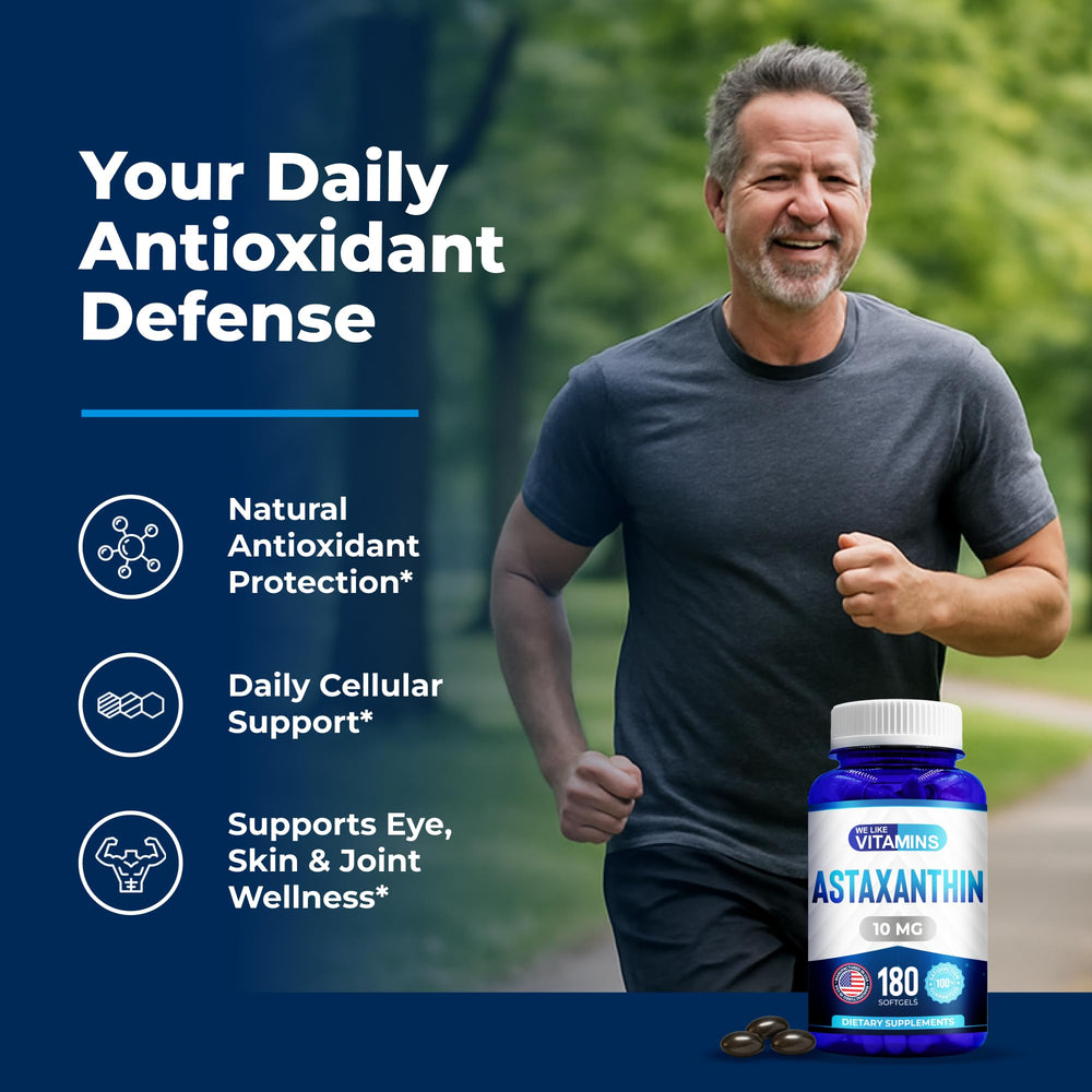We Like Vitamins Astaxanthin softgel capsules in bottle for convenient daily use.