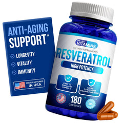 We Like Vitamins Resveratrol bottle front showing 1000mg per serving for daily antioxidant support