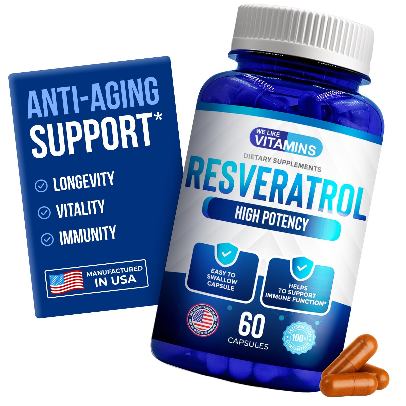 We Like Vitamins Resveratrol bottle with capsules for daily antioxidant support.