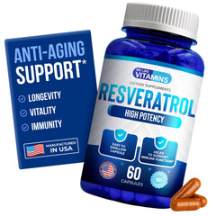 We Like Vitamins Resveratrol bottle with capsules for daily antioxidant support.