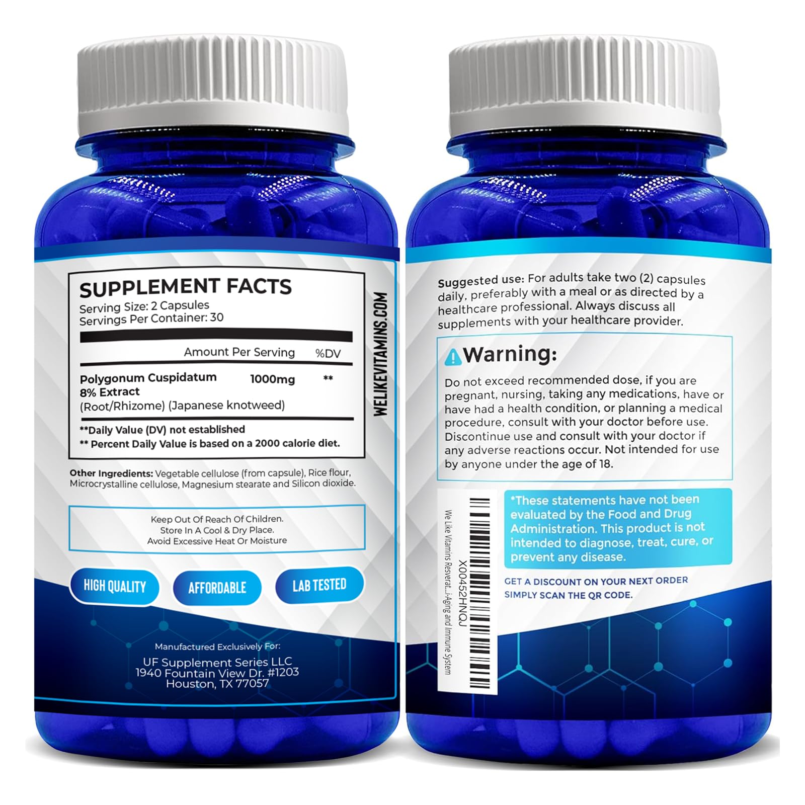 We Like Vitamins Resveratrol back label detail emphasizing quality and sourcing.