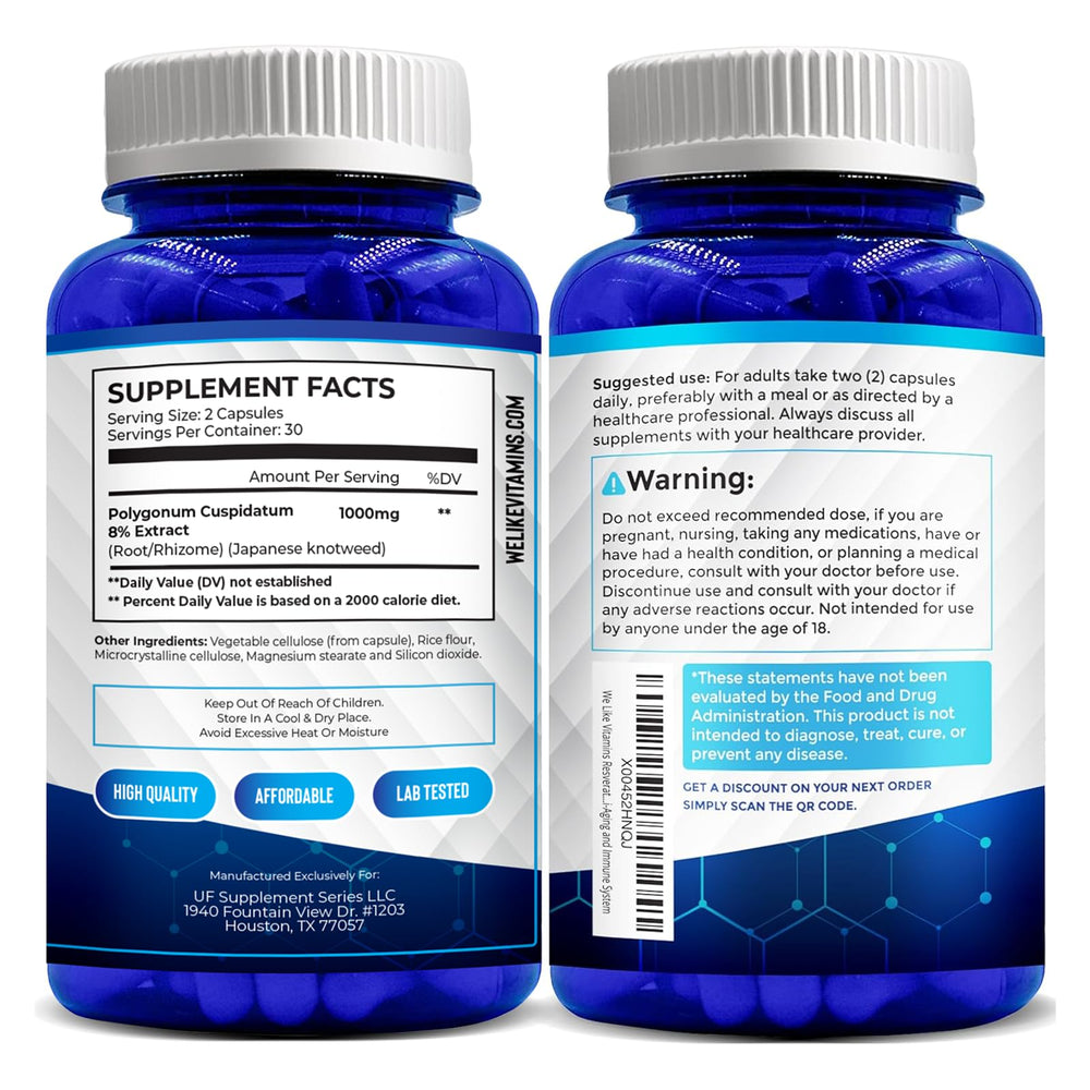 We Like Vitamins Resveratrol back label detail emphasizing quality and sourcing.