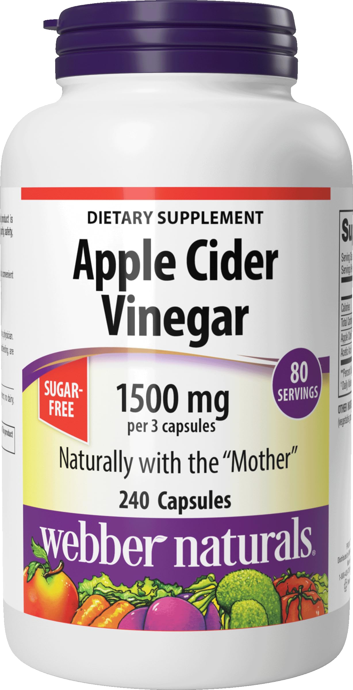 Webber Naturals Apple Cider Vinegar capsules bottle shows high-potency, digestion-friendly support.