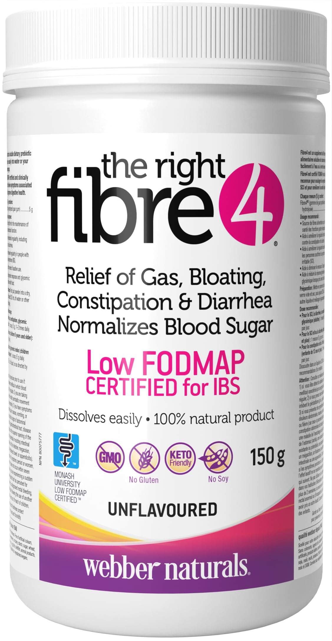 Webber Naturals Right Fibre4 unflavoured powder canister for IBS-friendly daily support
