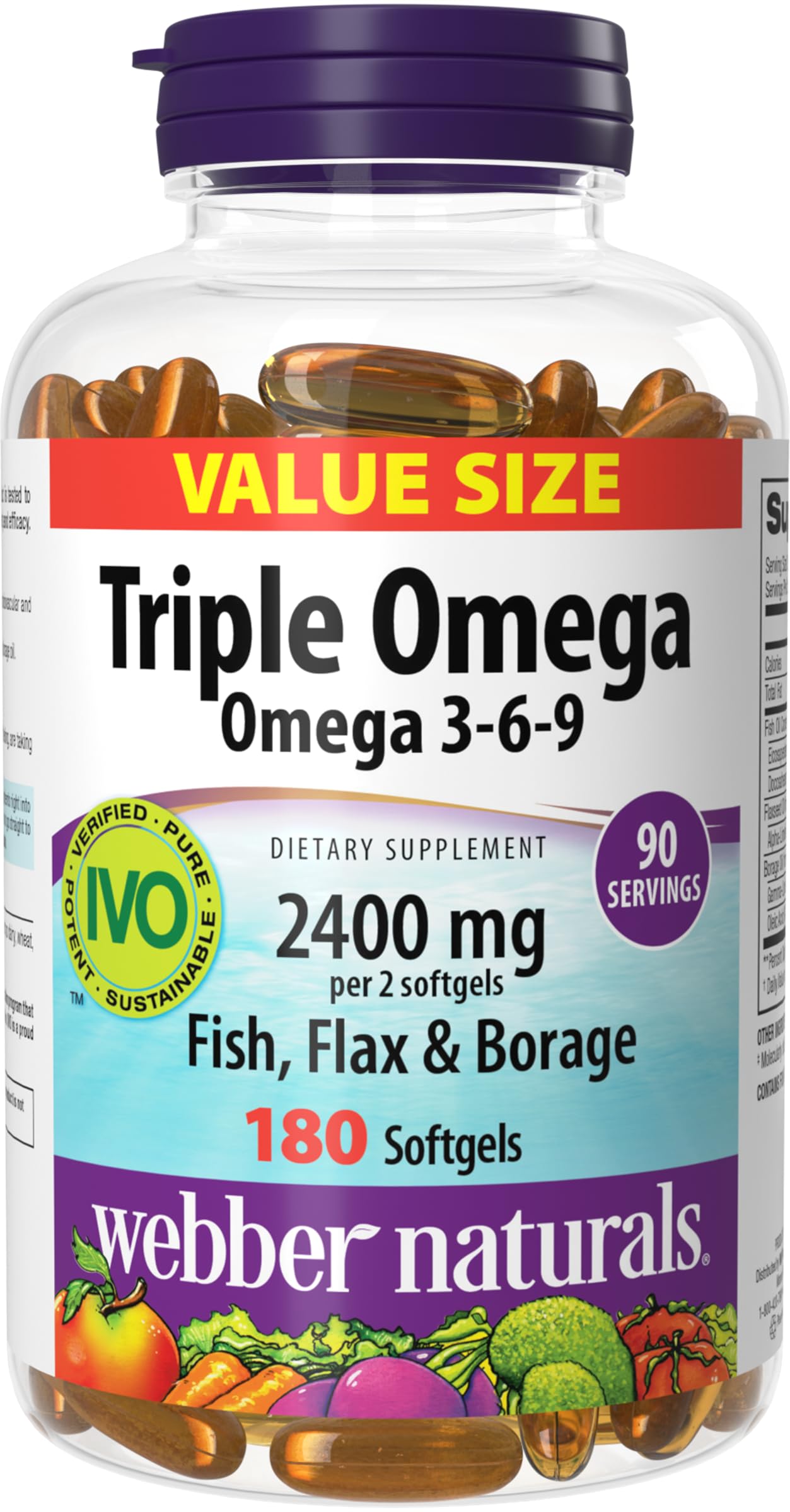 Webber Naturals Triple Omega 3-6-9 softgels bottle close-up with convenient daily dosage.